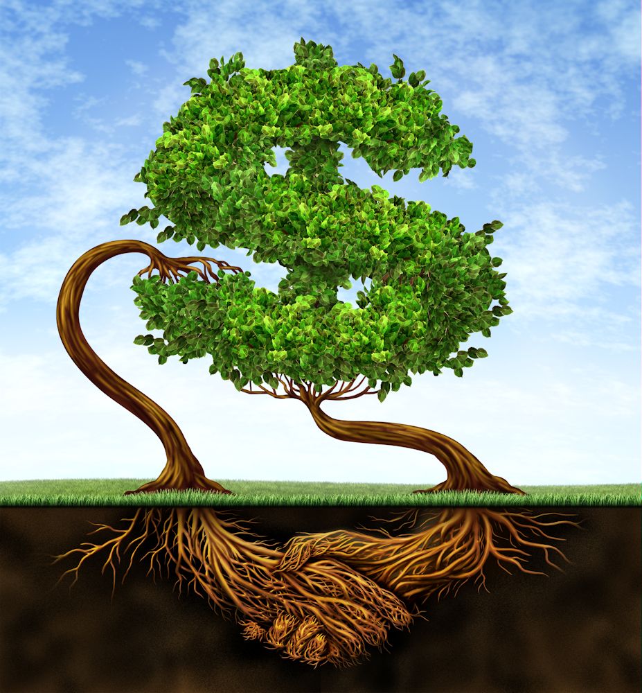 Financial growth agreement with two trees in the shape of a dollar sign and the roots in the form of hands shaking in partnership of a contract deal for wealth success on a blue sky.